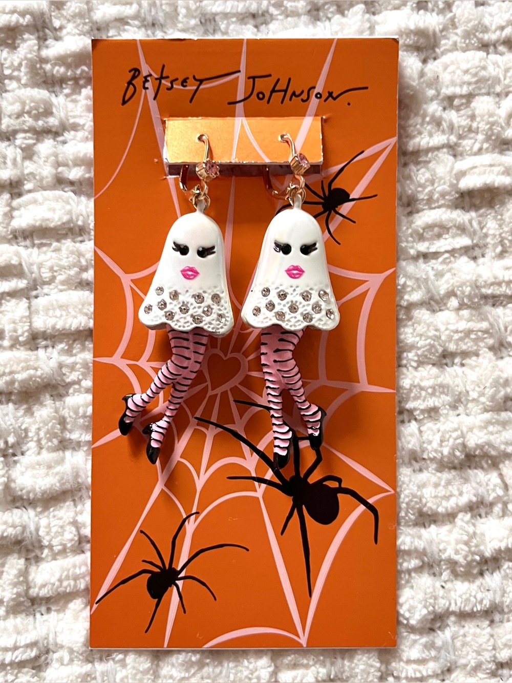 Betsey Johnson Halloween White Ghost Earrings with Pink & Black Striped Legs